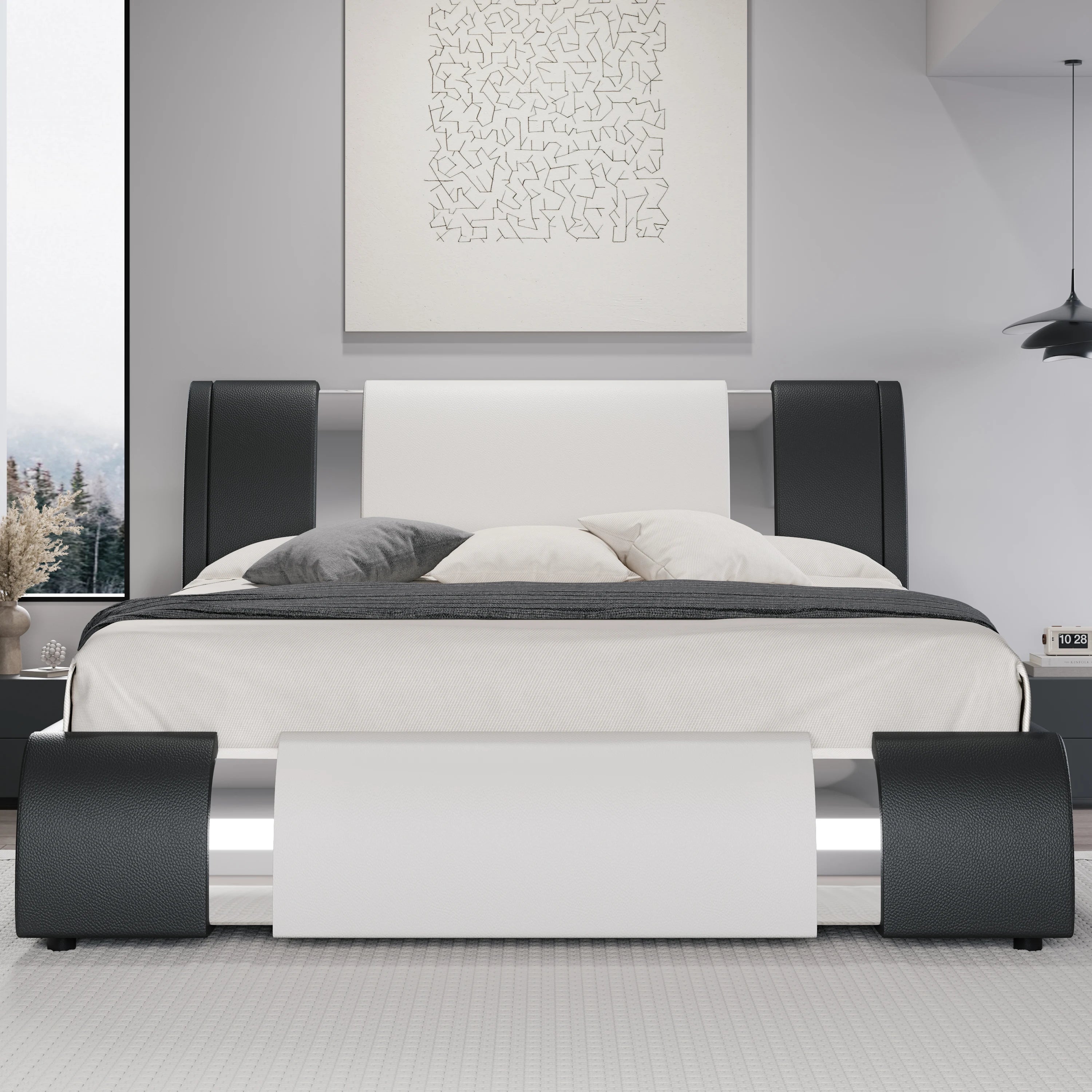 Modern Faux Leather Bed Frame with Iron Pieces Decor, with Height-Adjustable Headboard