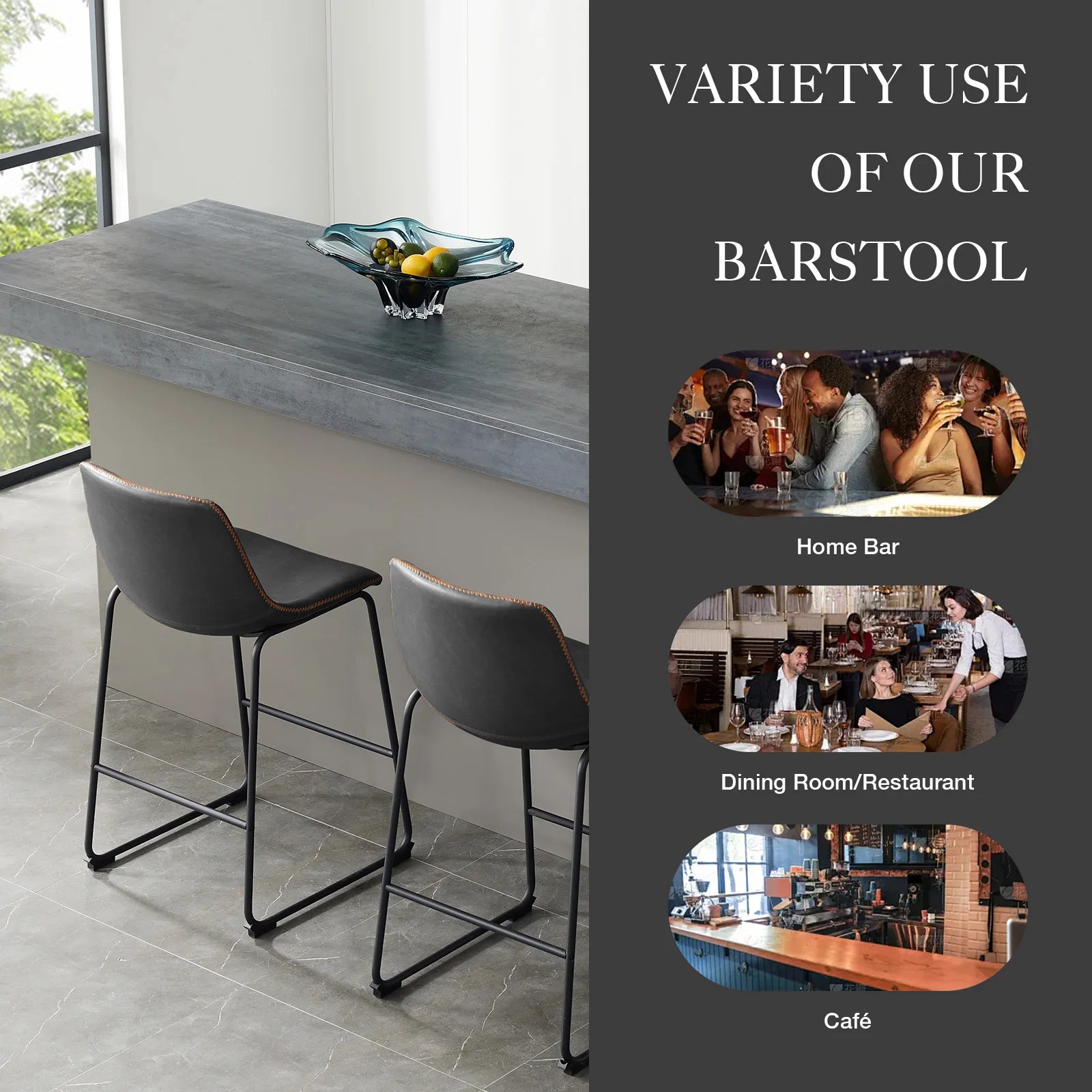 Set of 2 High Barstools with Back and Metal Leg Bar Chairs for Kitchen Island