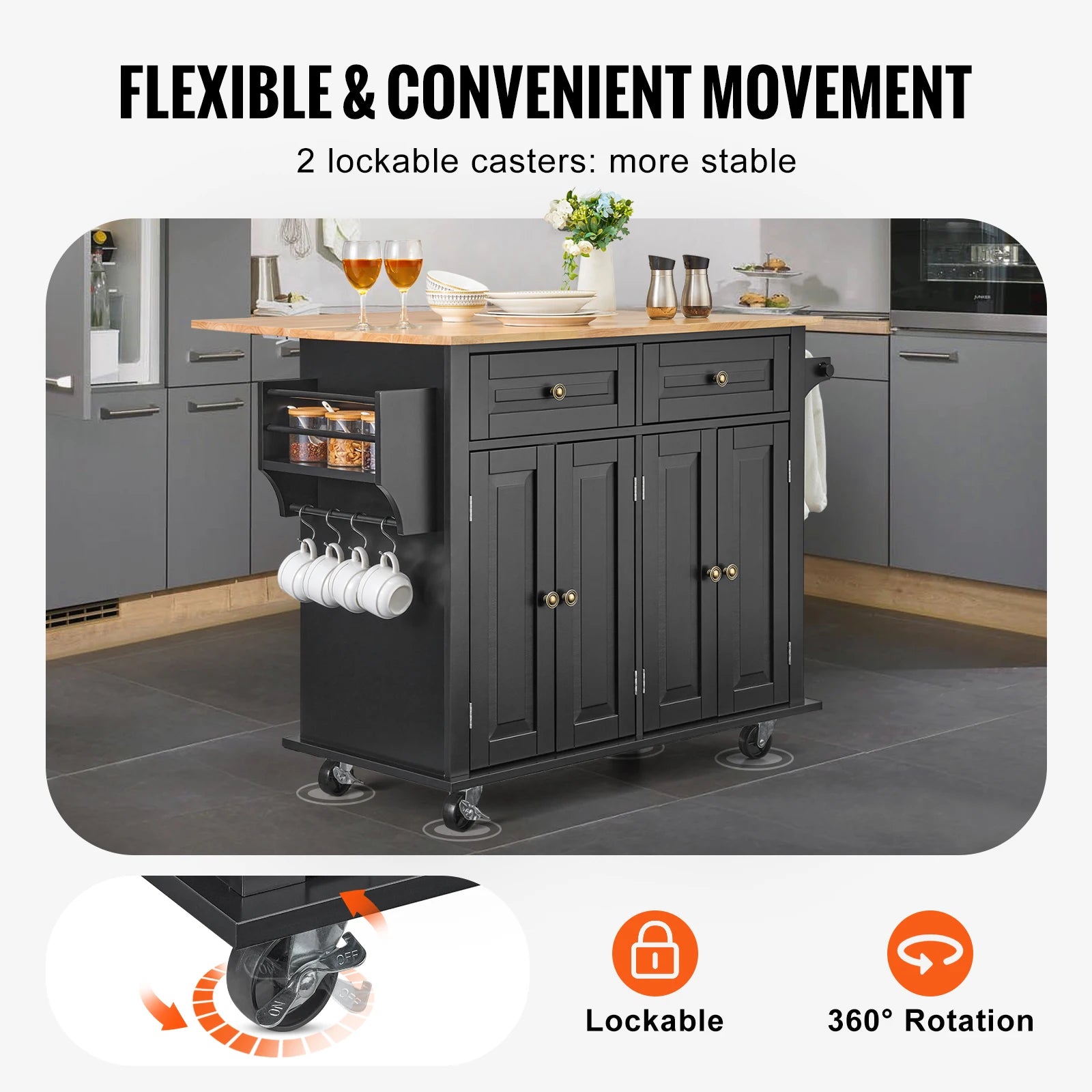 43" Kitchen Island Cart Wood Top Mobile Carts with Storage Cabinet