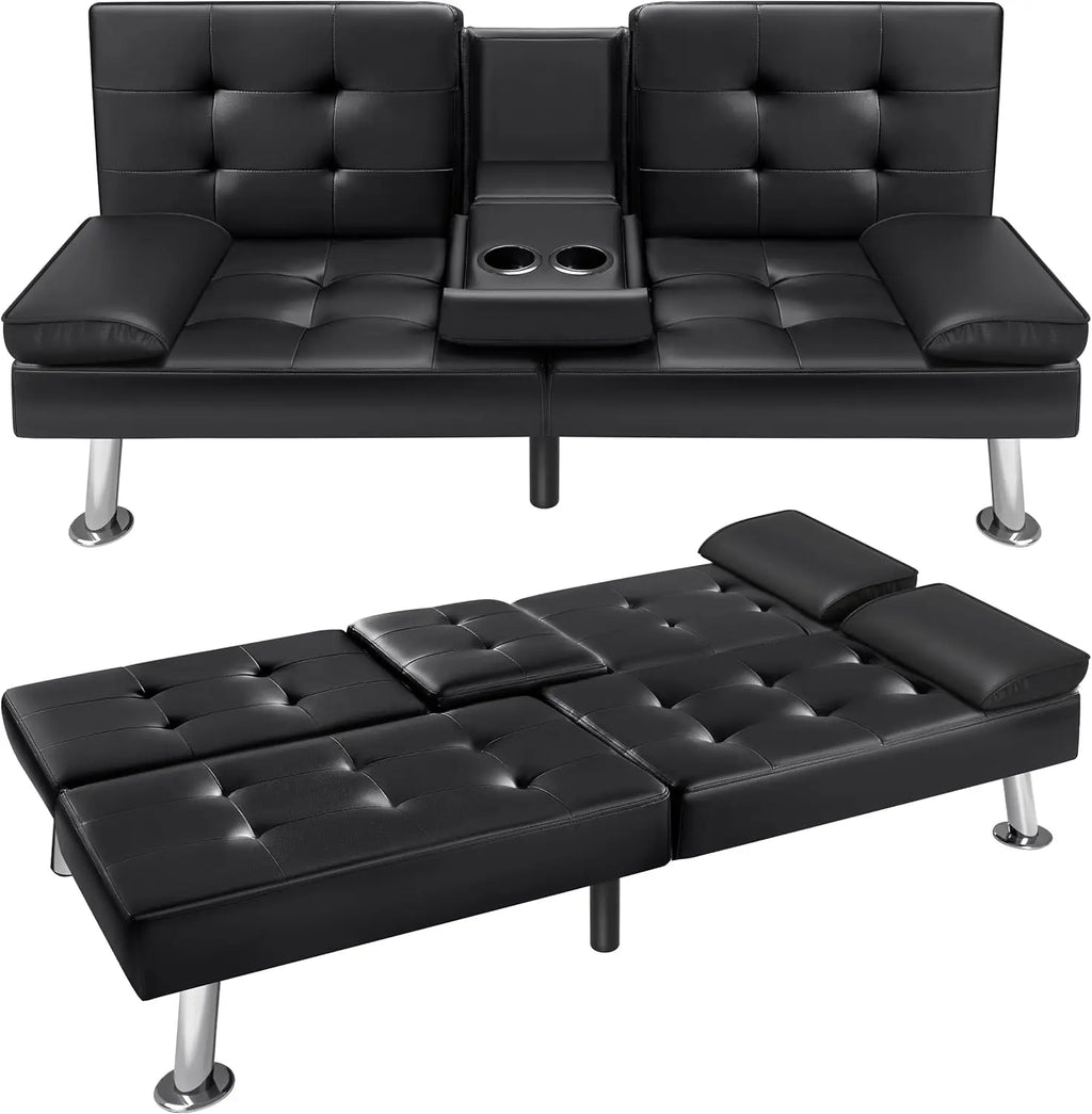 VICTONE Futon Sofa Bed Modern Faux Leather Couch Bed Convertible Folding Recliner for Living Room with 2 Cup Holders and Armrest
