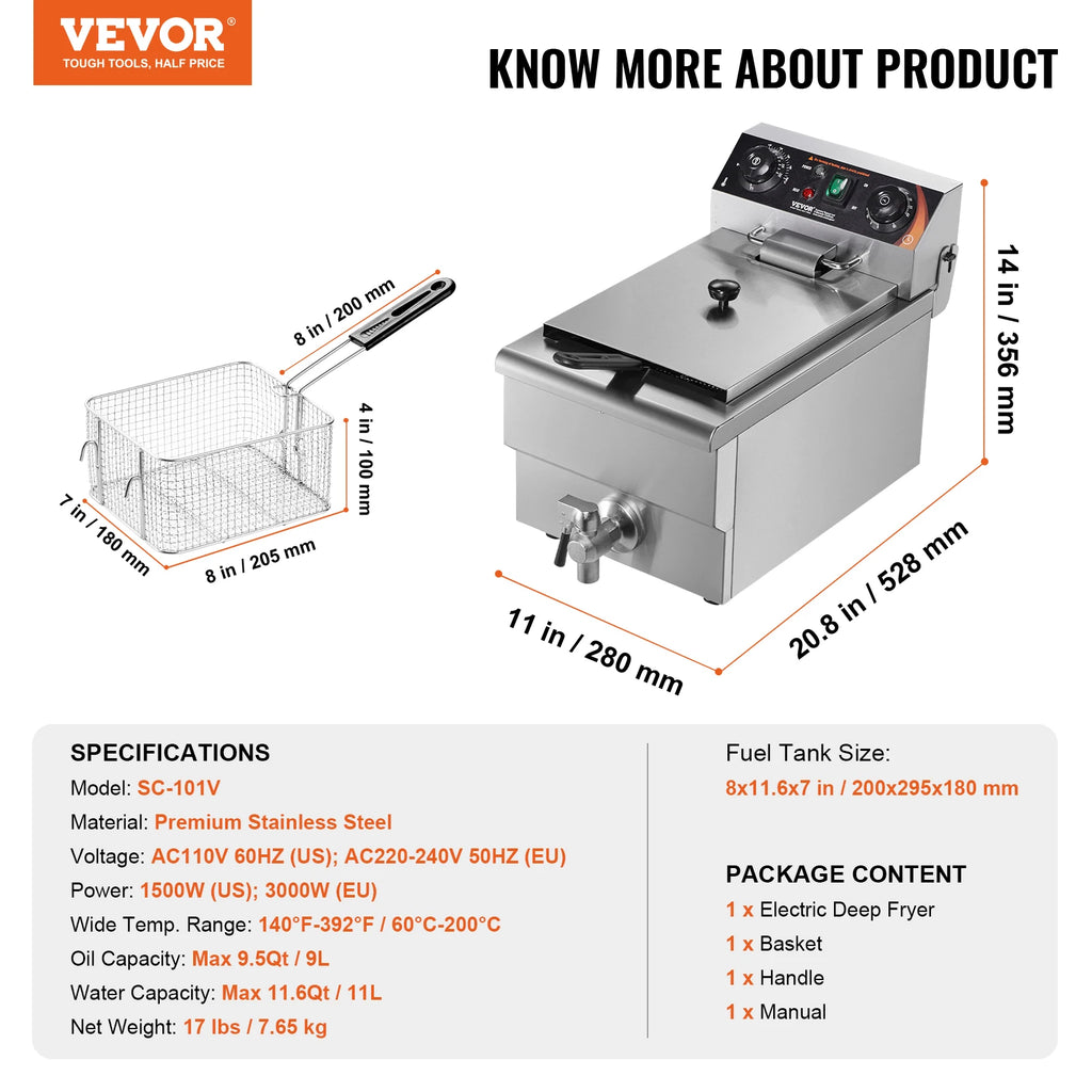 Electric Countertop Fryer with Basket 11.6Qt