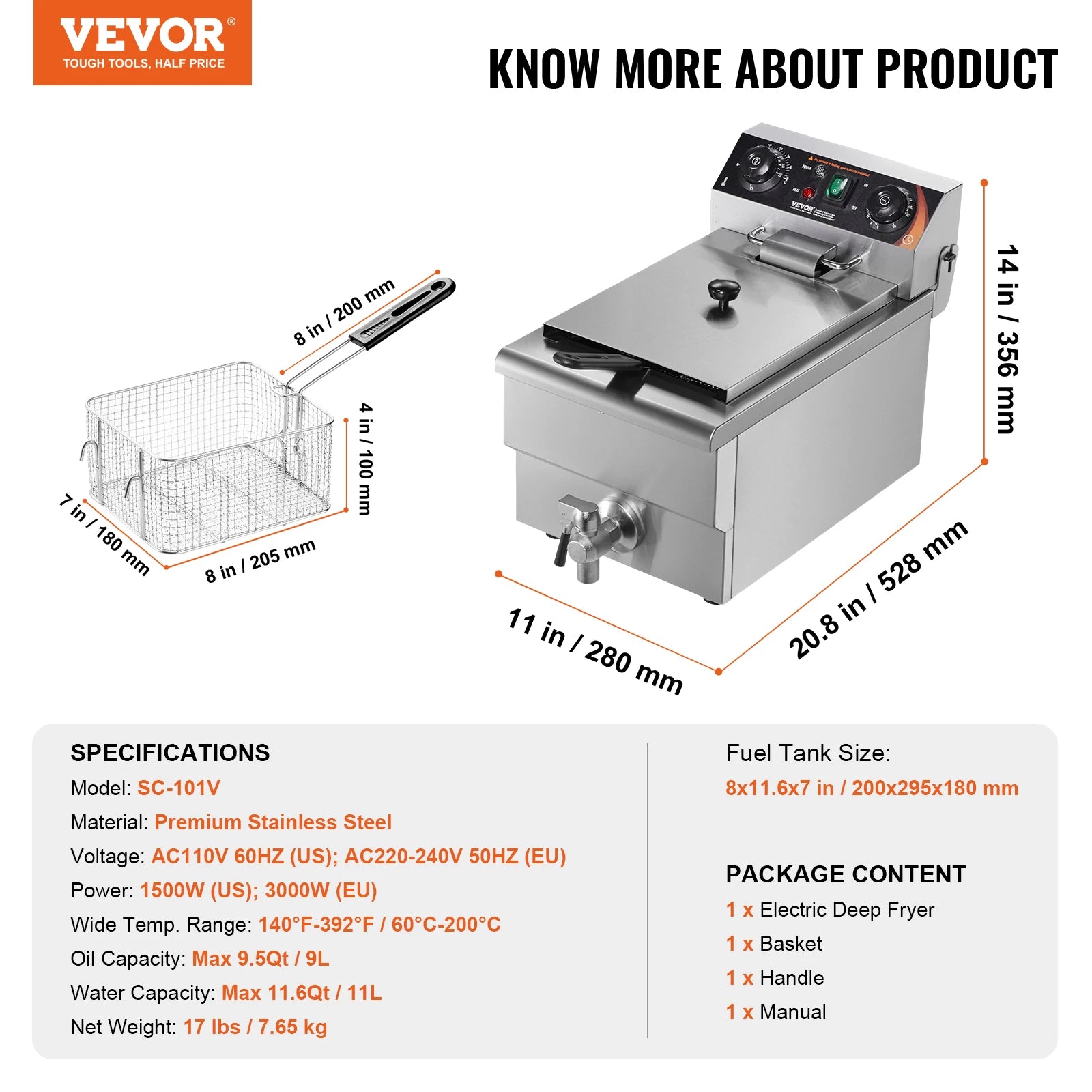 Electric Countertop Fryer with Basket 11.6Qt