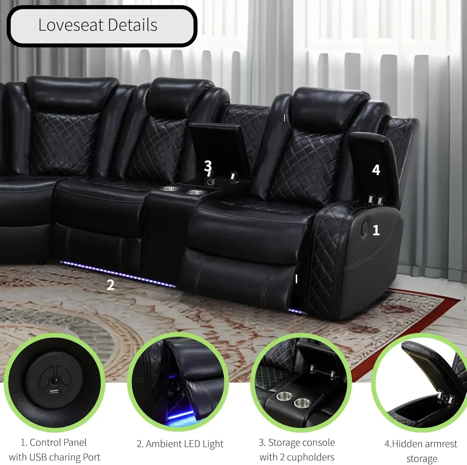 Power Recliner Sectional Sofa with LED Light, Air Leather