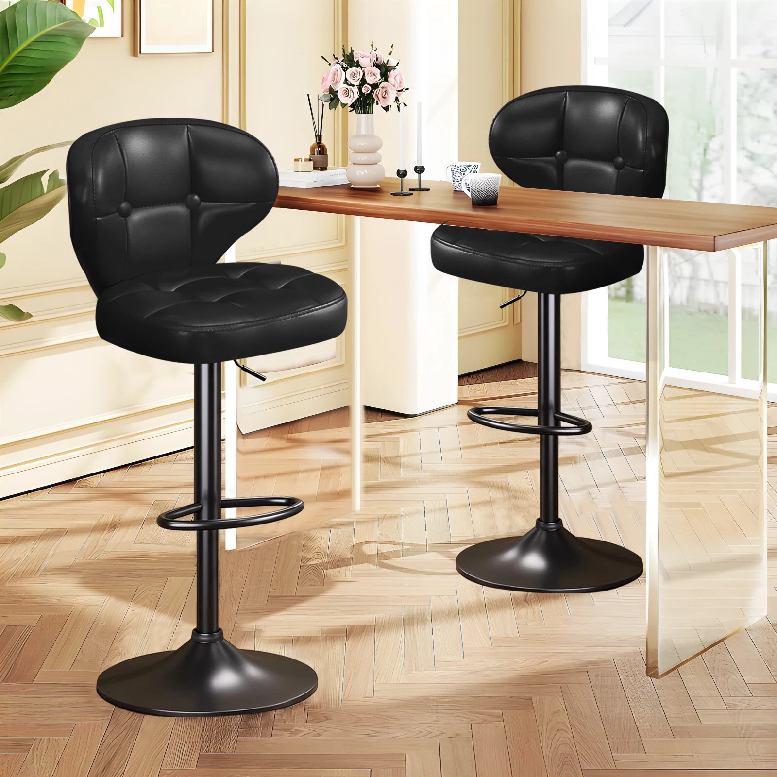Bar Stools Set of 4, Adjustable Swivel Counter Height Chairs with Backrest and Footrest, Faux Leather Bar Chairs for Kitchen