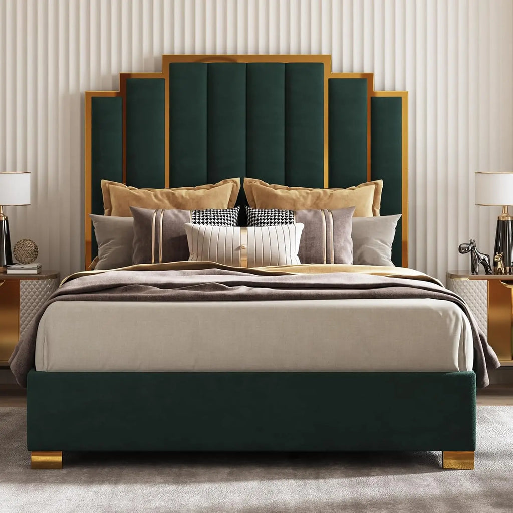 Queen Upholstered Velvet Platform Bed with Gold Trim Headboard