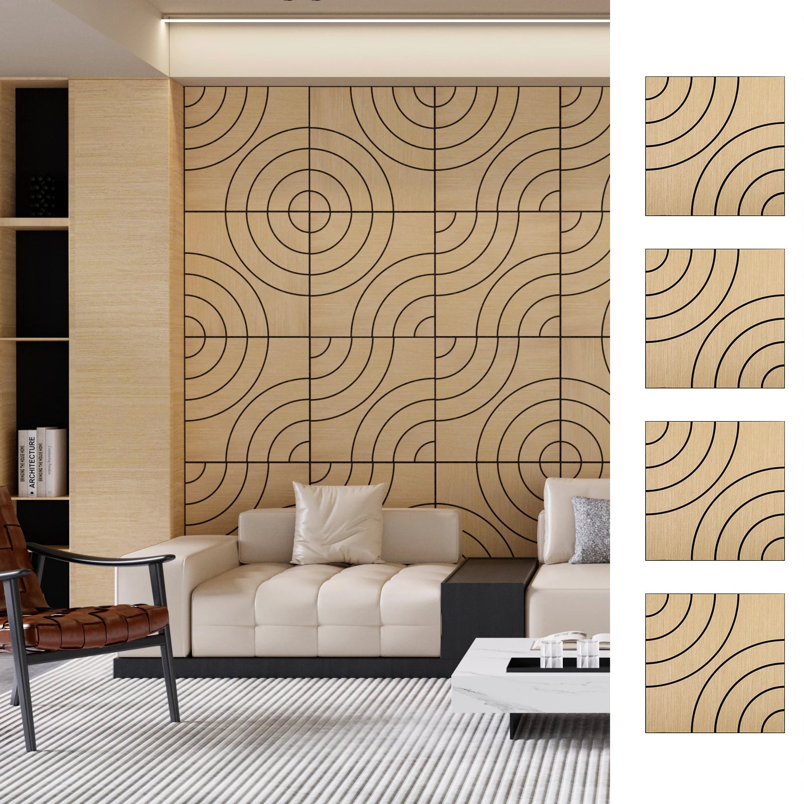 Acoustic Sound Absorbing 3D Wood Slat Self-Adhesive Peel and Stick Wall Panels Set of 4 for Interior Noise Reduction