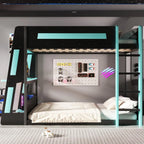 Full Wooden Gaming Bunk Bed with Desk Storage Shelves USB LED Light