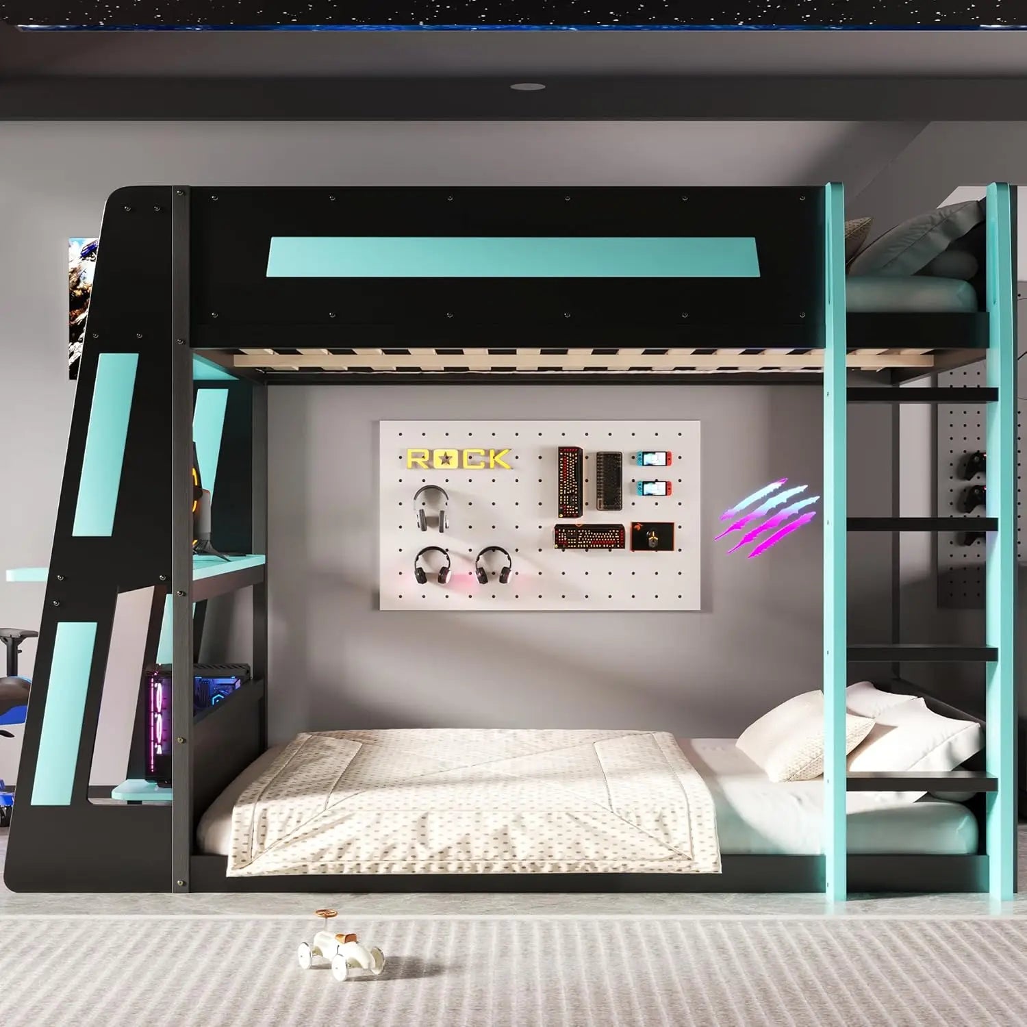 Full Wooden Gaming Bunk Bed with Desk Storage Shelves USB LED Light