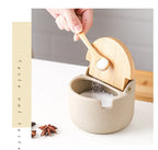 Ceramic Seasoning Jars with Wooden Lid Salt Shakers Kitchen Supplies White Spice Organizer Canister Spoon Set