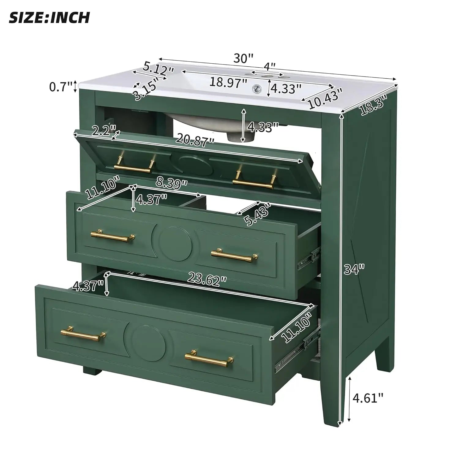30in Solid Wood Bathroom Vanity Ceramic Sink Storage Cabinet