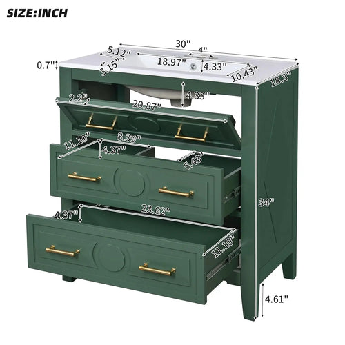 30in Solid Wood Bathroom Vanity Ceramic Sink Storage Cabinet
