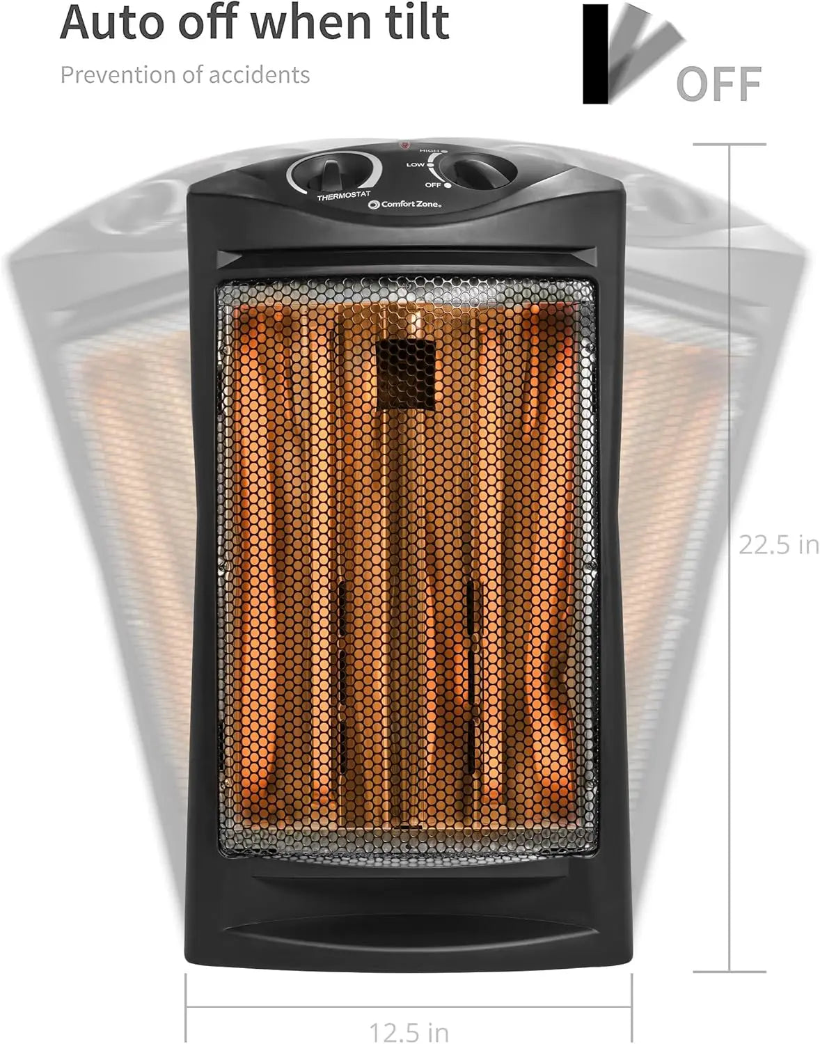 Portable Electric Heater with Adjustable Thermostat, Infrared Quartz Tower for Indoor Use, 2 Heat Settings, Black