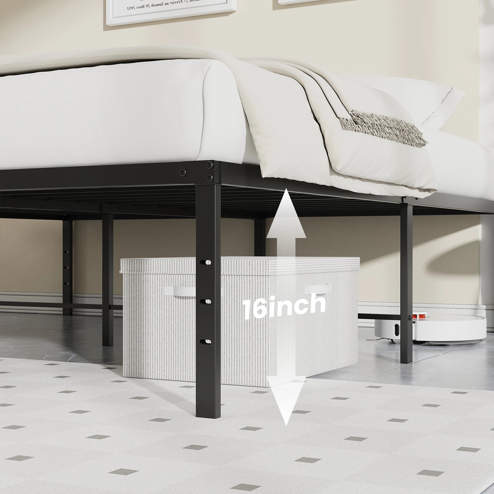 Metal Platform 16IN Tall Basic Bed Frame Sturdy Steel Heavy Duty with Storage Space