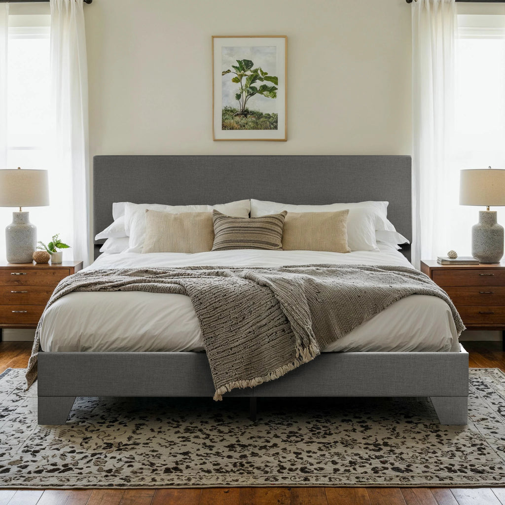 Upholstered Bed Frame with Adjustable Headboard, Soft Linen Fabric,