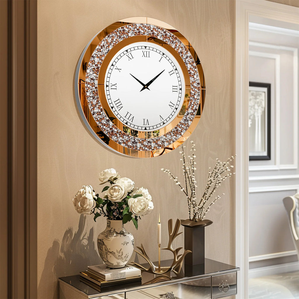 Silver,Tawny Tinted Round Mirror ,24inch Crush Diamond Large Mirrored Wall Clock
