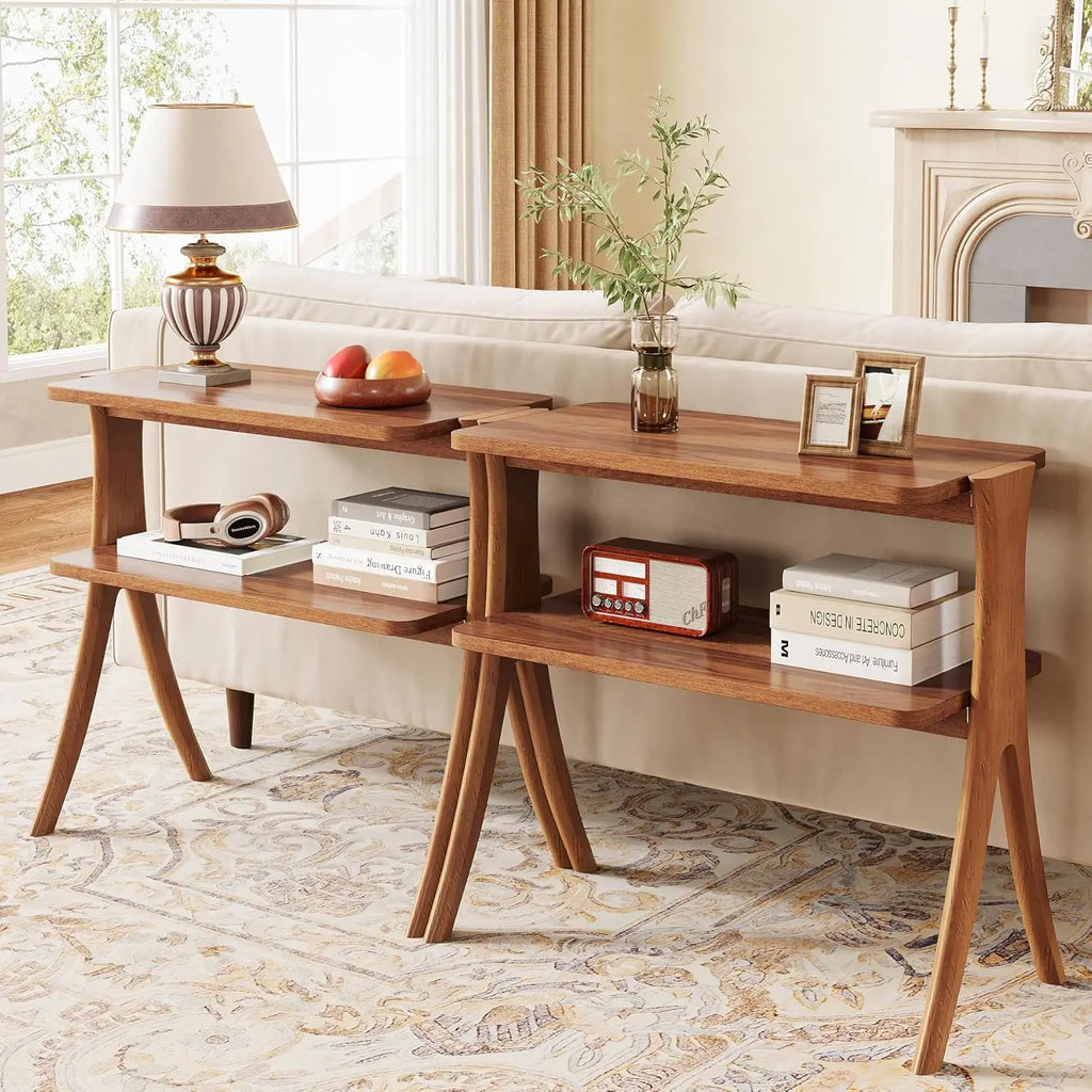 Farmhouse End Table with 2-Tier Storage Shelf and Solid Wood Legs,