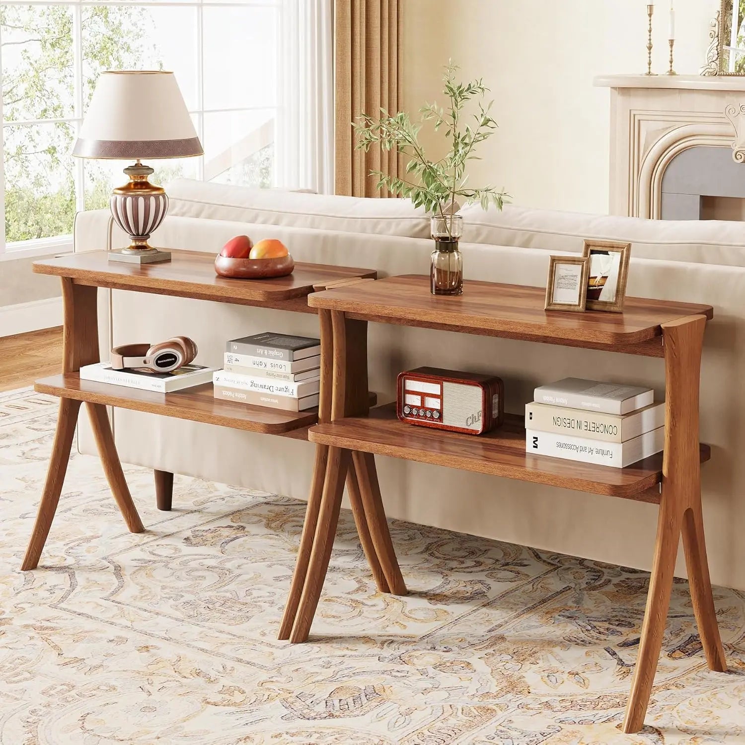 Farmhouse End Table with 2-Tier Storage Shelf and Solid Wood Legs,