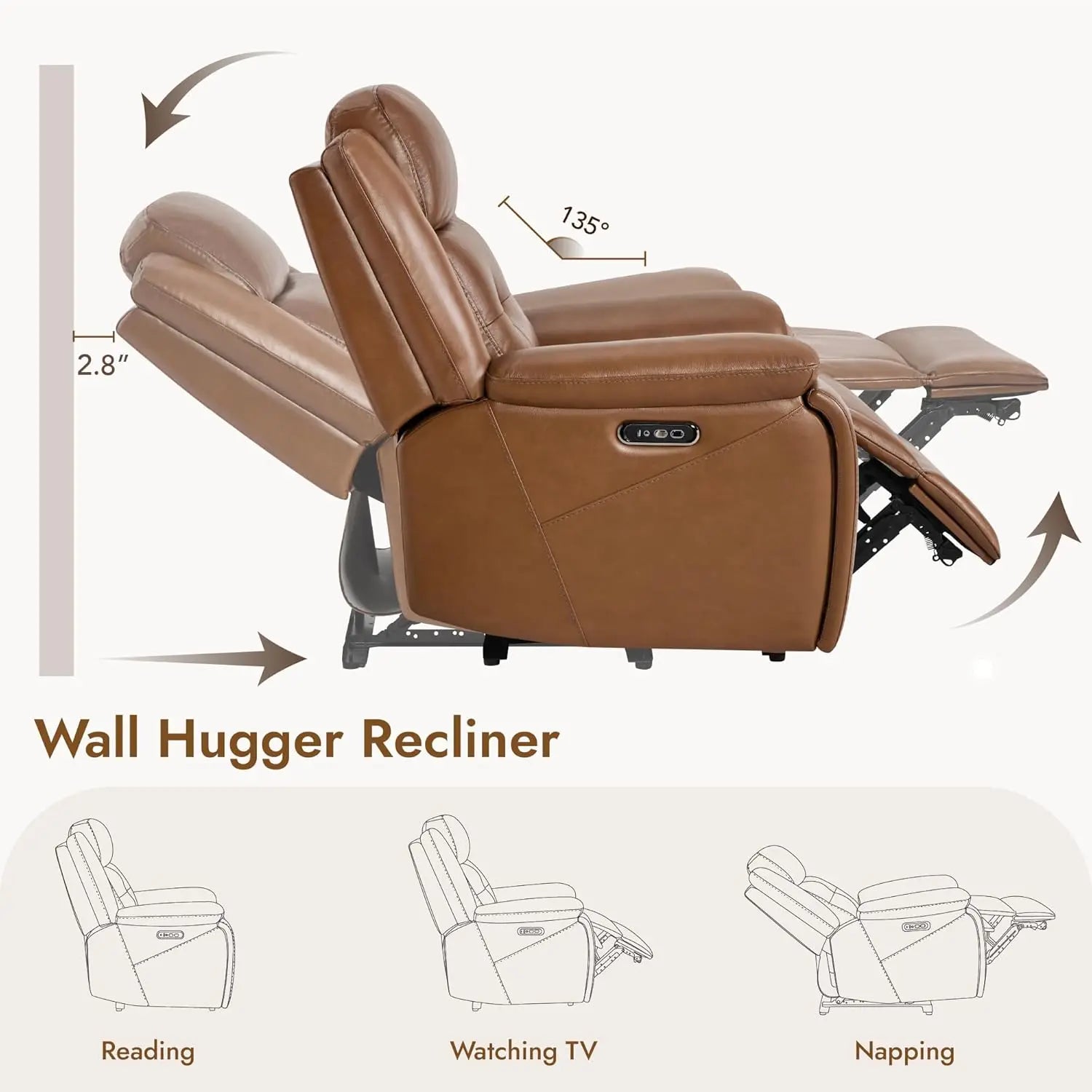 Genuine Leather Power Recliner Chair for Adults, Wall Hugger Recliner with Power Headrest