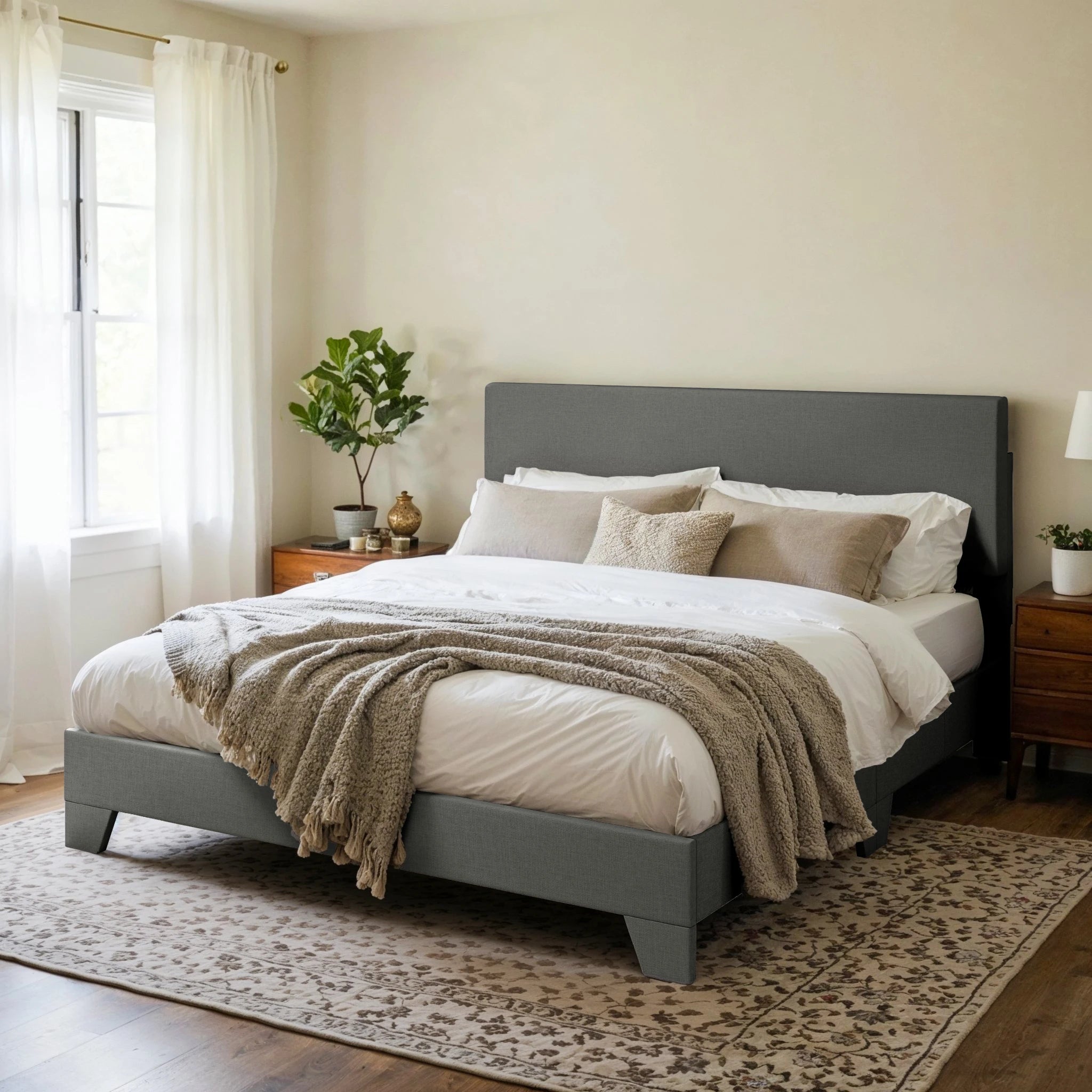 Upholstered Bed Frame with Adjustable Headboard, Soft Linen Fabric,