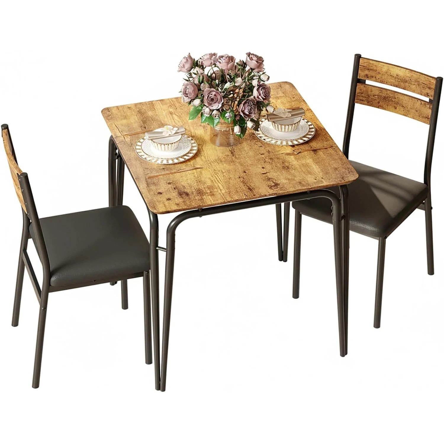 Dining Table Set for 2, Wooden Kitchen Table and 2 Upholstered Chairs,
