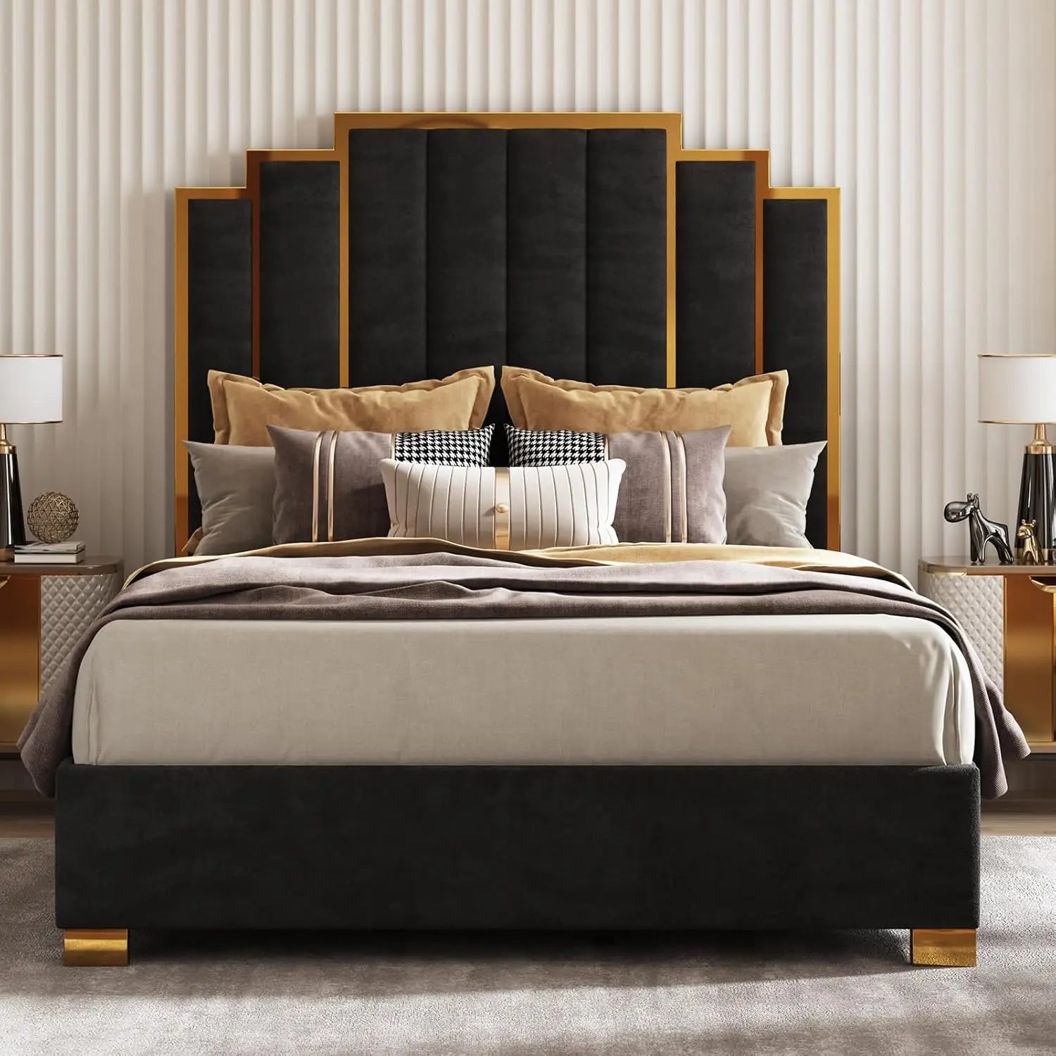 Queen Upholstered Velvet Platform Bed with Gold Trim Headboard