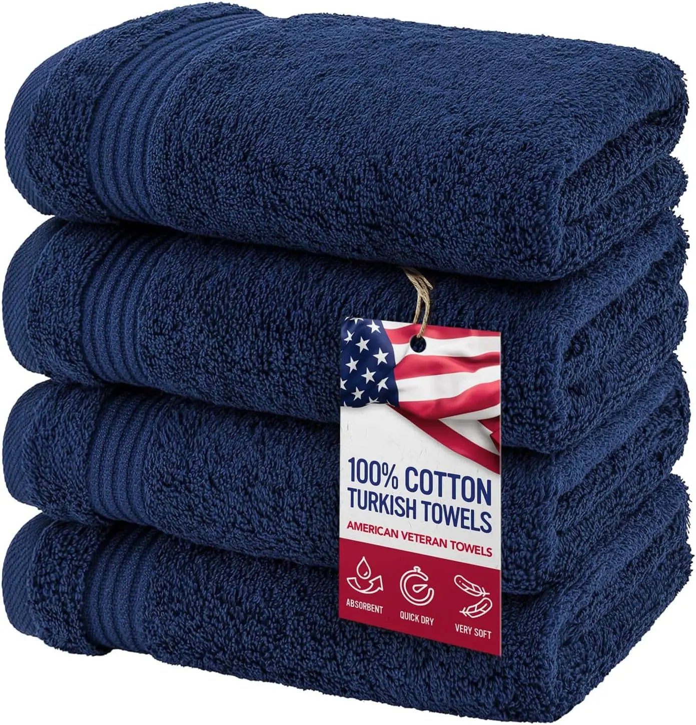 Set of 4 Navy Blue Turkish Cotton Hand Towels, Soft Bathroom Face Towels for American Homes