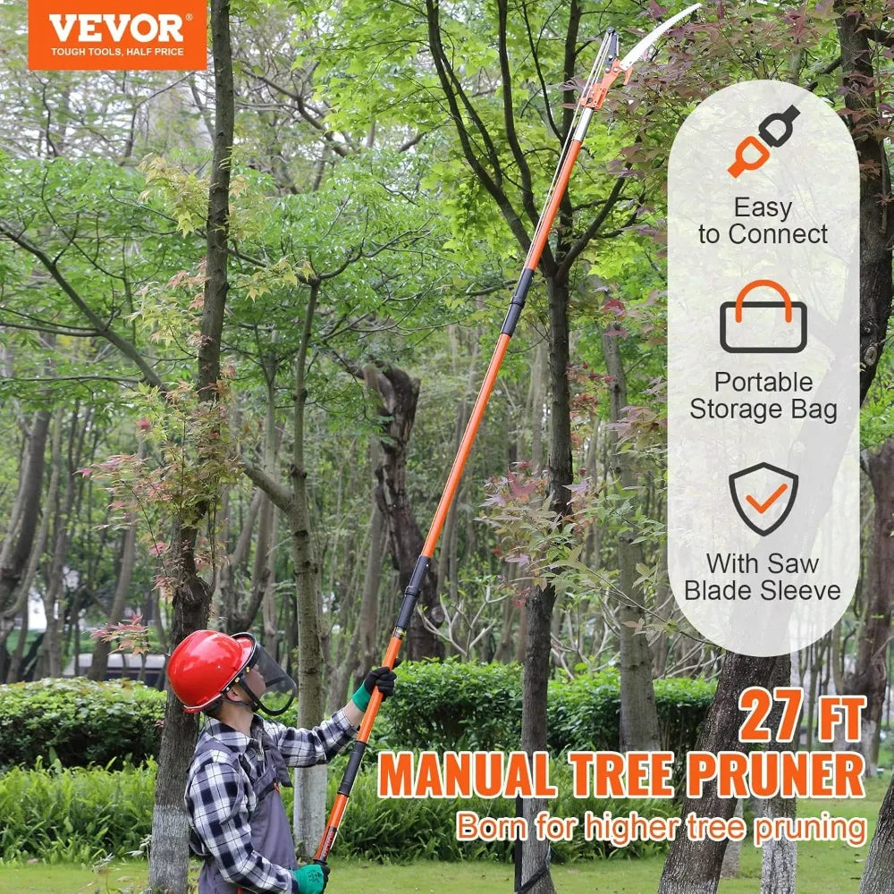 7.3-27 ft Extendable Pole Saw 8 Fiberglass Handles Steel Blade Scissors Tree Pruner for Palms Shrubs