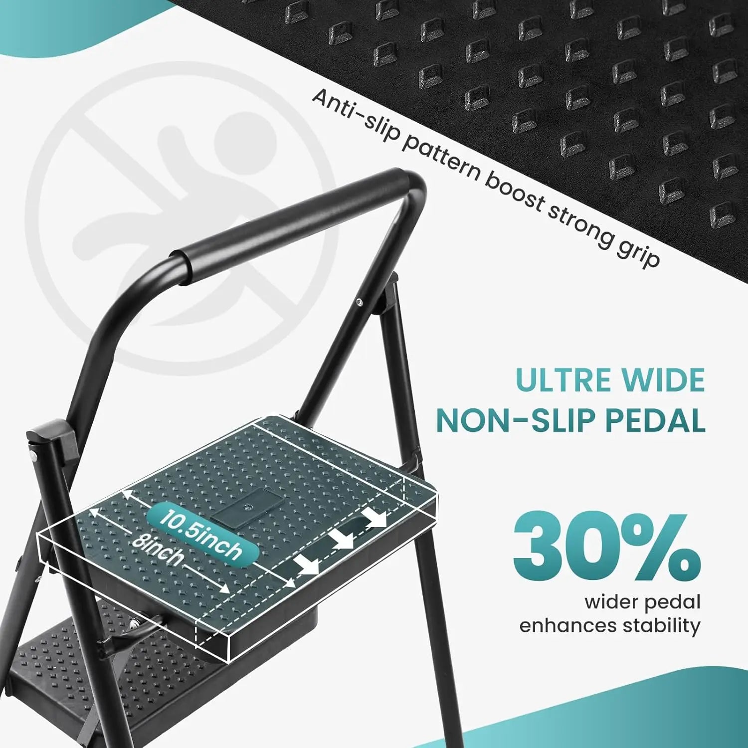 Foldable 2-Step Stool with Anti-Slip Pedal & Handrail, 800lbs Capacity Steel Ladder