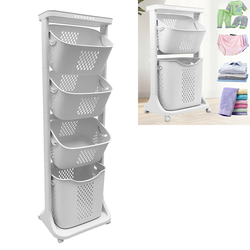 2/4 Tier Laundry Basket Rolling Cart Removable Storage Buckets