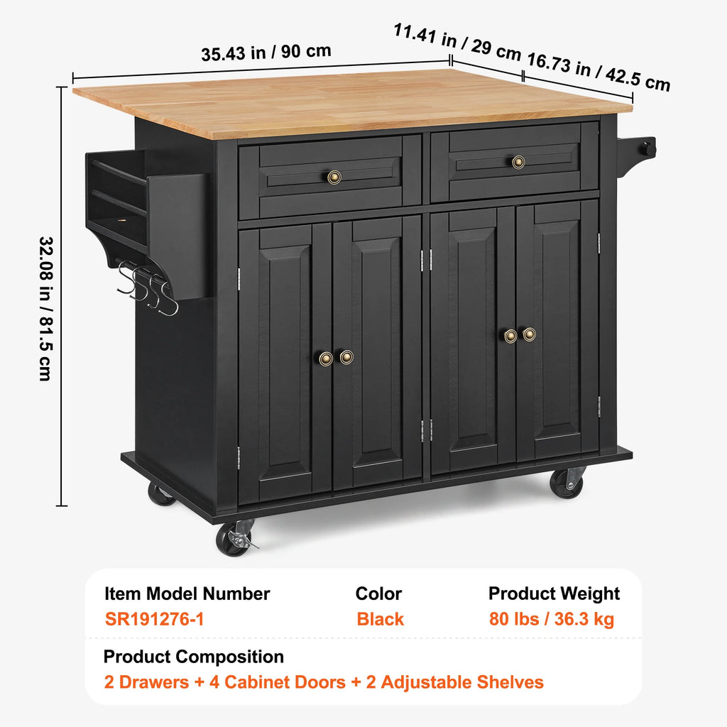 43" Kitchen Island Cart Wood Top Mobile Carts with Storage Cabinet