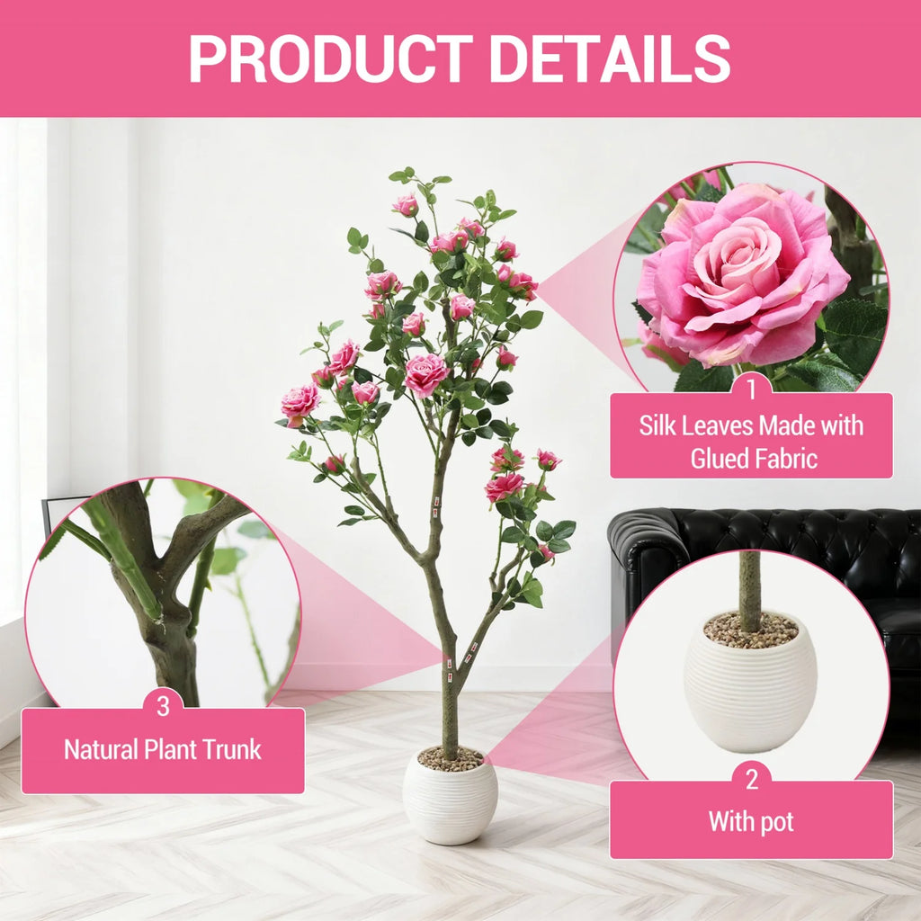 Artificial Rose Flower Tree-5FT Lifelike Plant in Pot with Flowers Decorative Rose Trees for Home,Office, Wedding, Event Decor
