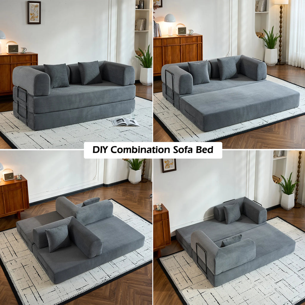 79" Folding Convertible Sofa Bed, Oversized Corduroy Futon Floor Couch, Boneless Loveseat for Small Spaces,