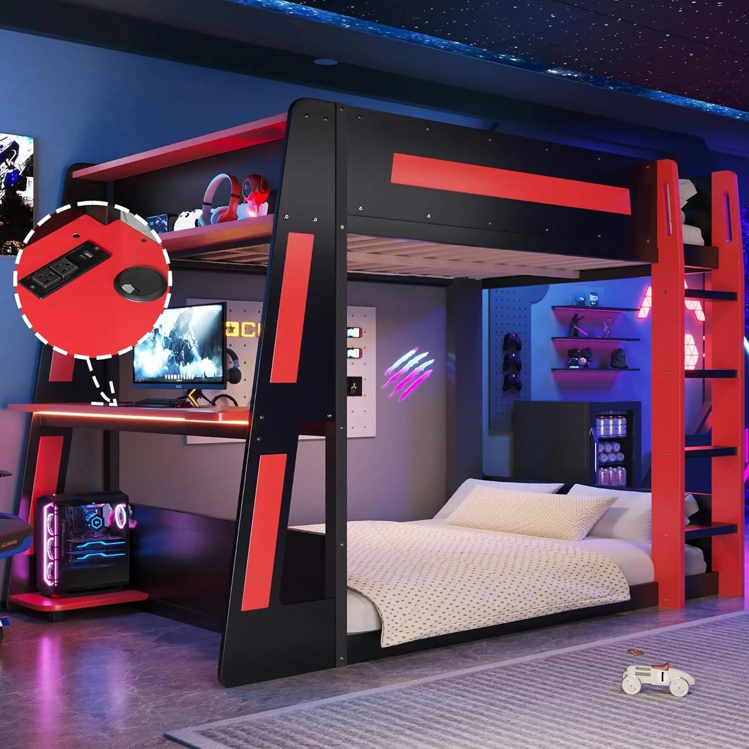 Full Wooden Gaming Bunk Bed with Desk Storage Shelves USB LED Light