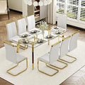 ,71''Gold Dining Room Table &Generous Legroom with 6 White Leather