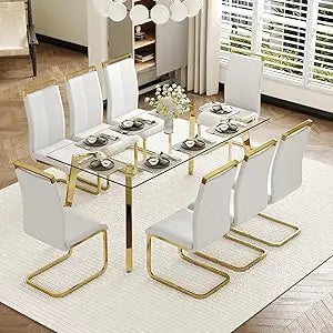 ,71''Gold Dining Room Table &Generous Legroom with 6 White Leather