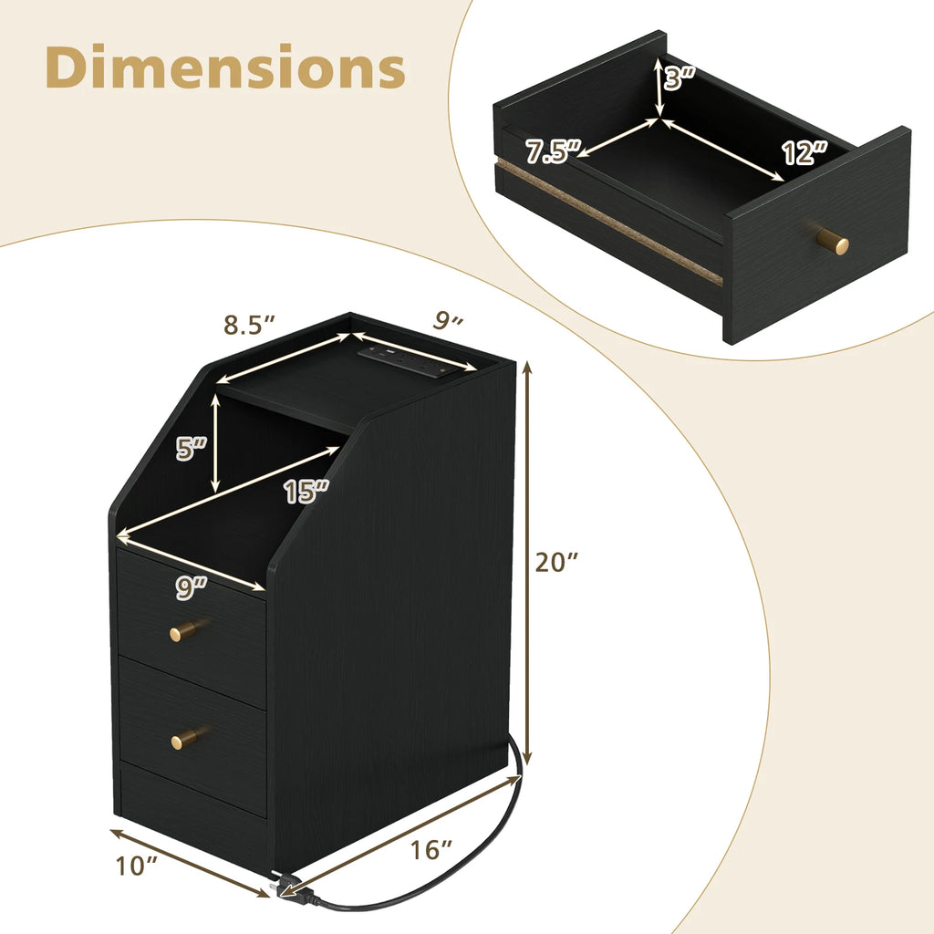 Side Table w/ Charging Station, Storage Drawers, Sofa Couch Table for Small Space
