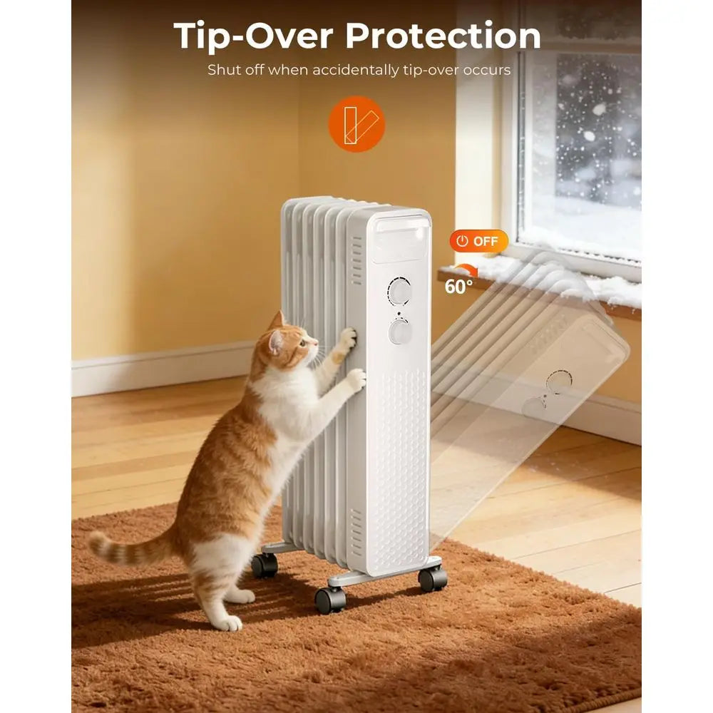Portable 1500W Oil-Filled Radiator Heater with Adjustable Temperature, 3 Heat Modes, Overheat and Tip-Over Protection for Home a