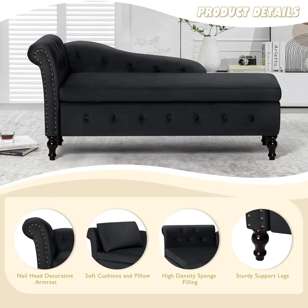Velvet Chaise Lounge with Left Armrest & Storage Space