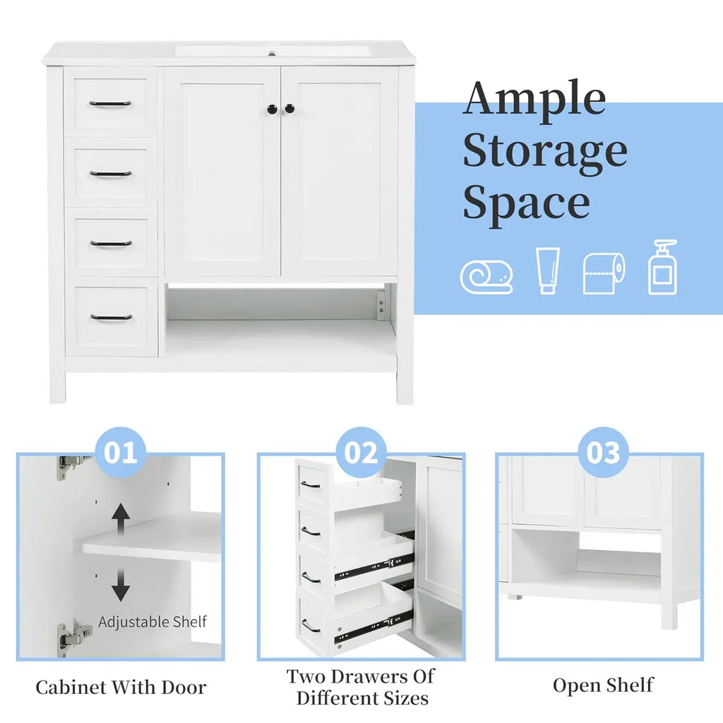 36" Modern Vanity with Ceramic Sink, Soft-Close Drawers & Door,