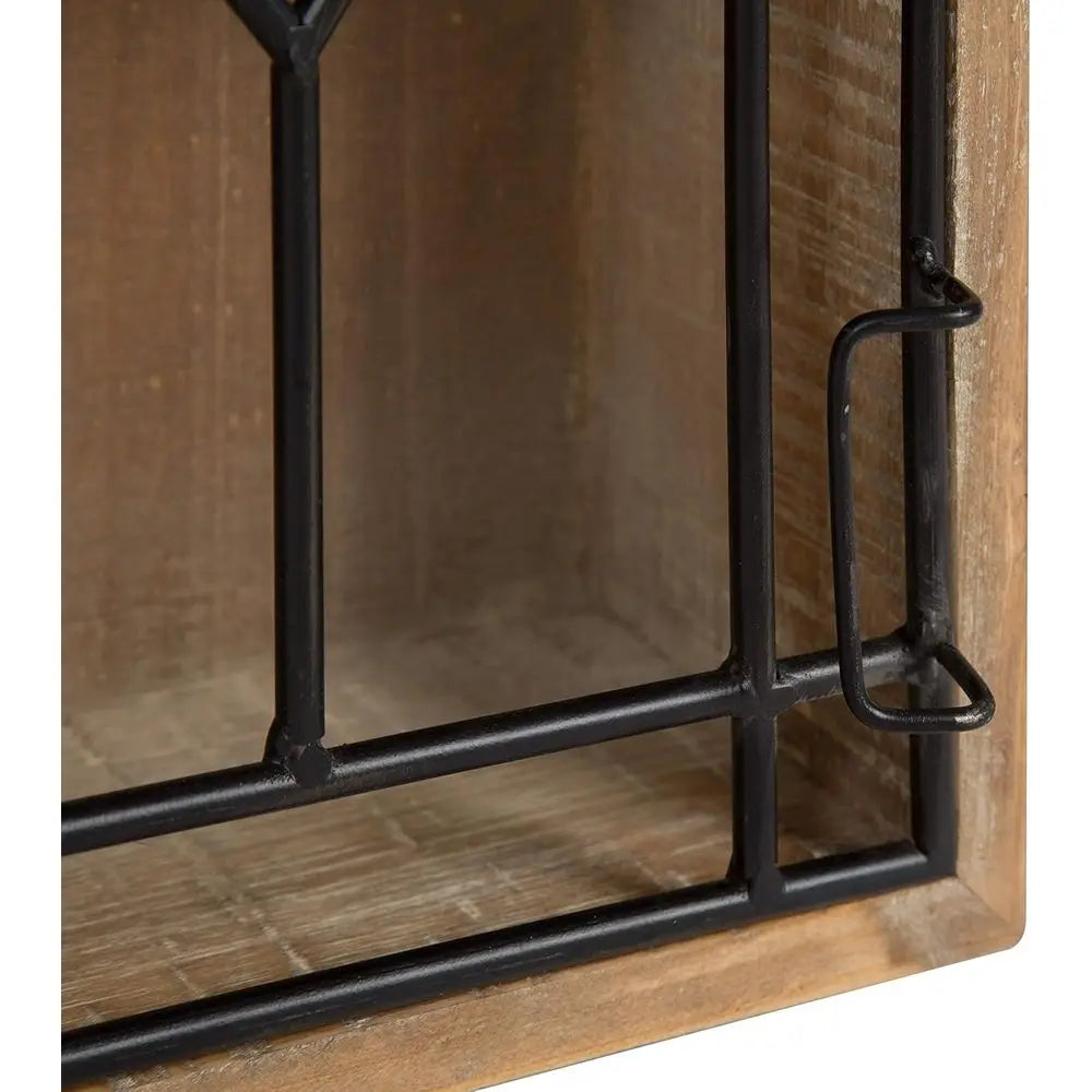 Wall Hanging Open Storage with Decorative Black Iron Door, Rustic Brown