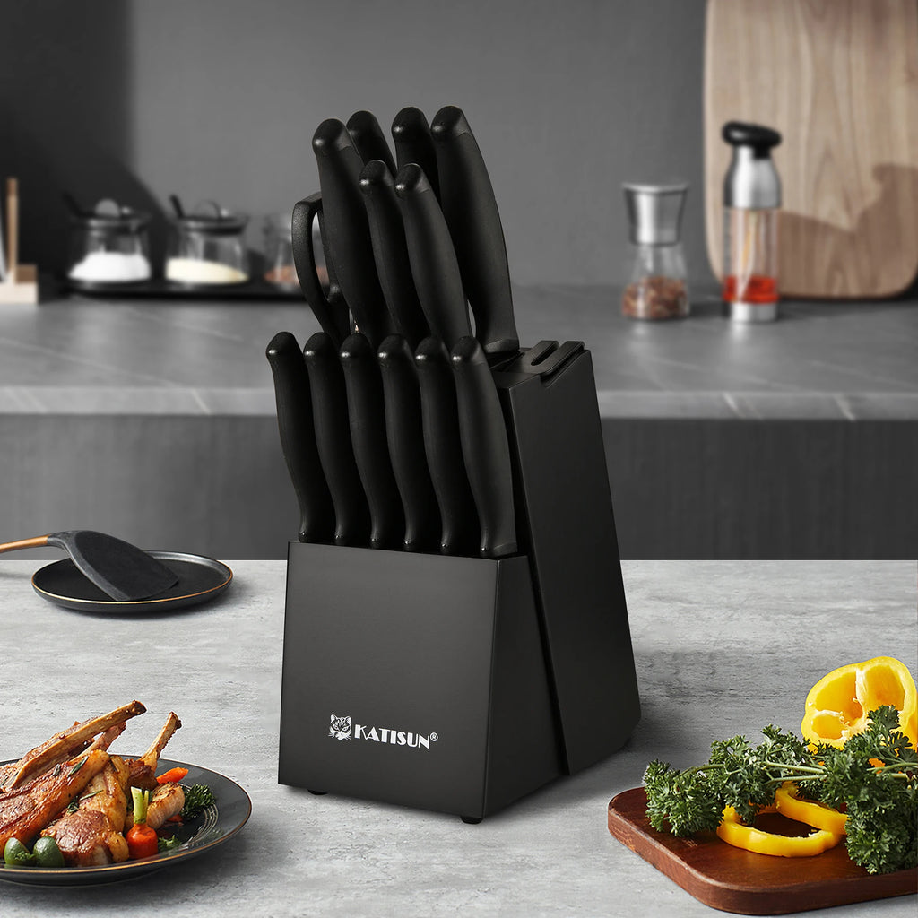 15 Pieces Carbon Steel Kitchen Knife Block Set, Built-in Knife Sharpener, Non-Slip