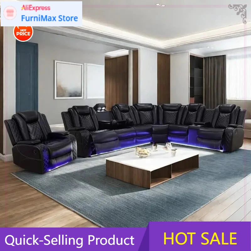 Power Recliner Sectional Sofa with LED Light, Air Leather