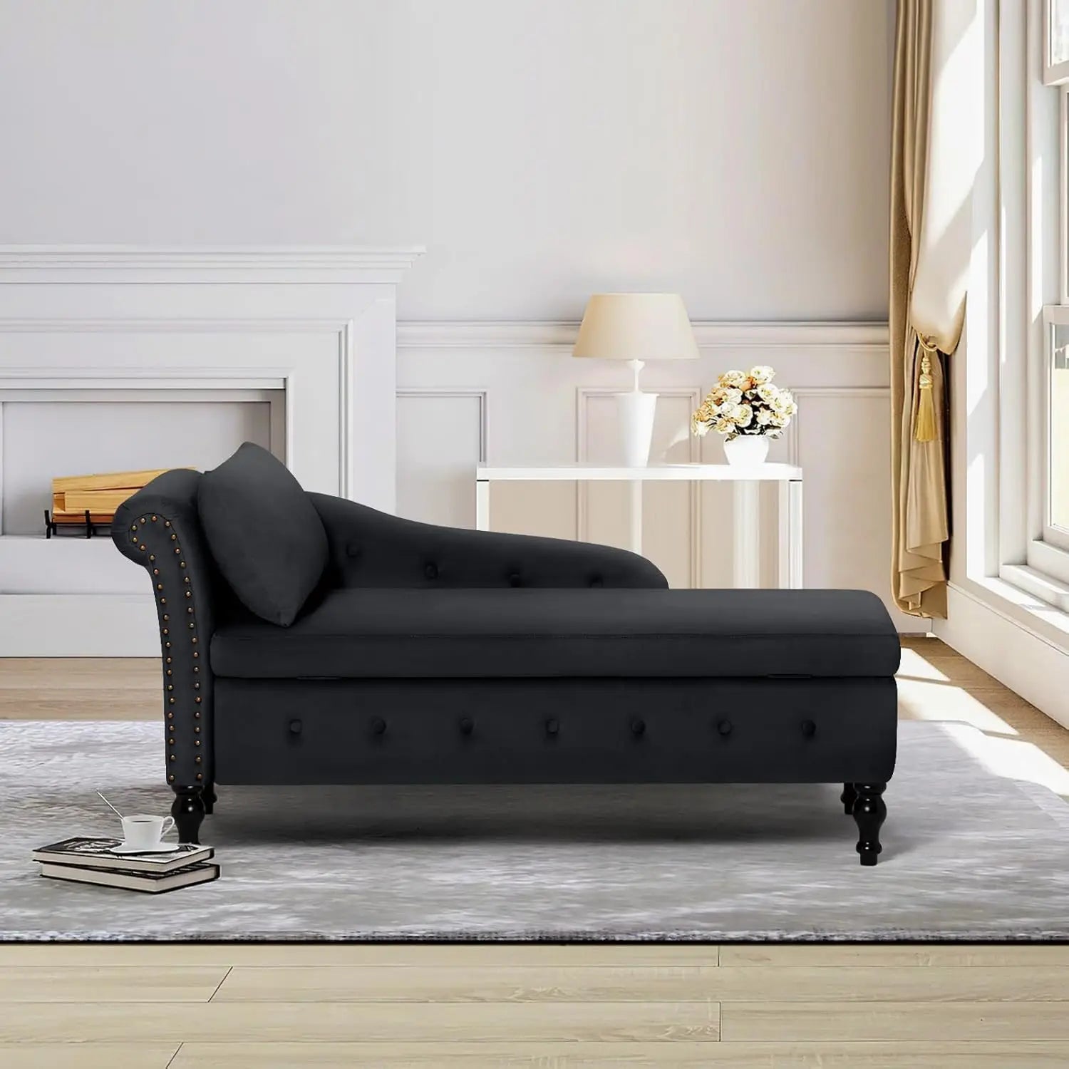 Velvet Chaise Lounge with Left Armrest & Storage Space