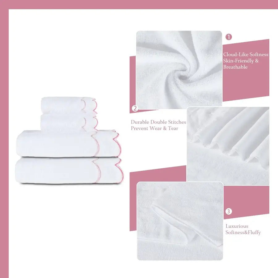 4 Set 100 Cotton Bath Towels Set 2 Bath Towels 2 Hand Towels Embroidered Decorative Scalloped Towels