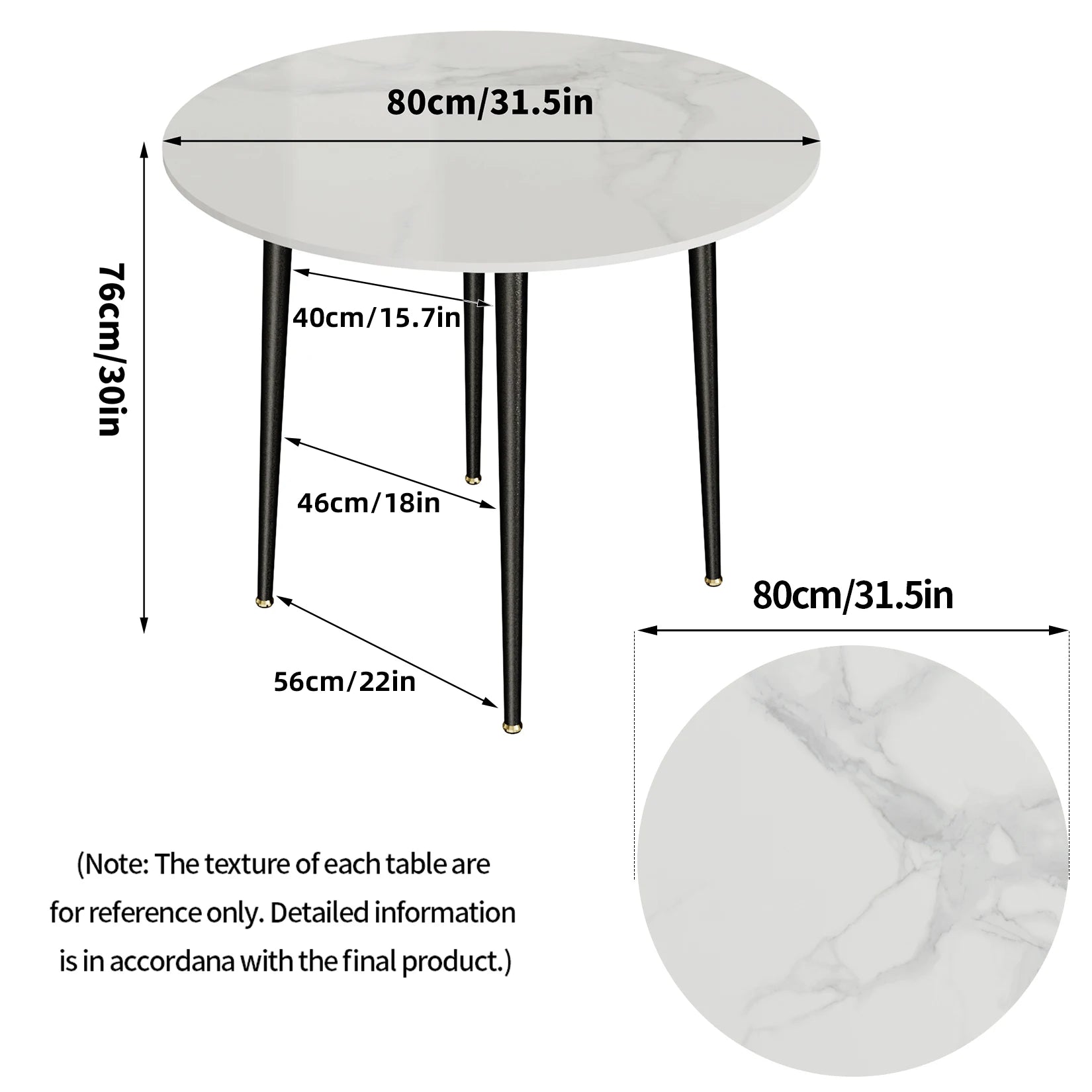 Modern Round Kitchen Dining Table Marble Top 80cm Diameter