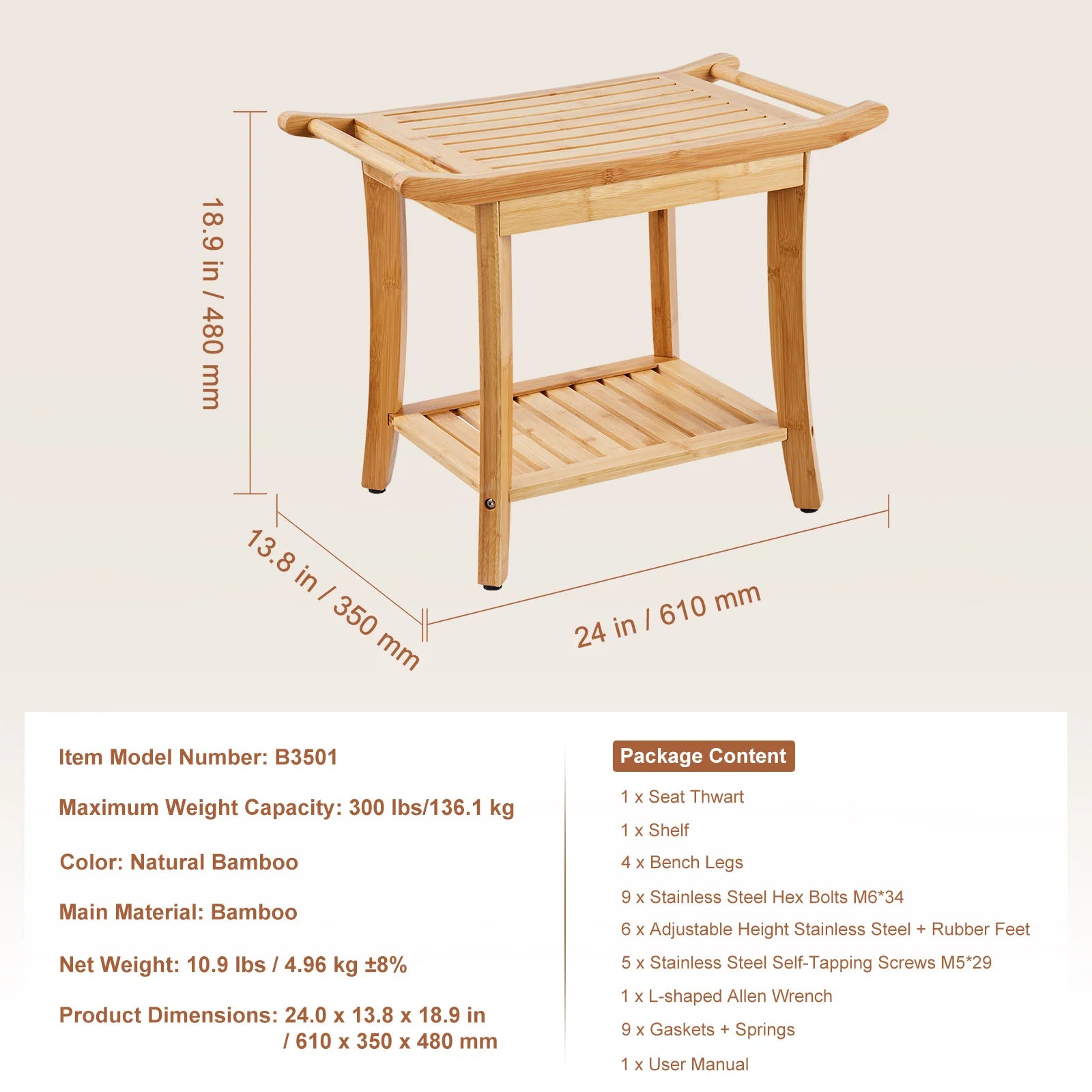 Bamboo Shower Bench 19.1x11.3x18.3 in Waterproof
