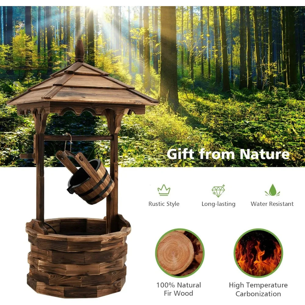 Outdoor Wooden Water Fountain with Electric Pump, 5 Adjustable Water Flow Rates,