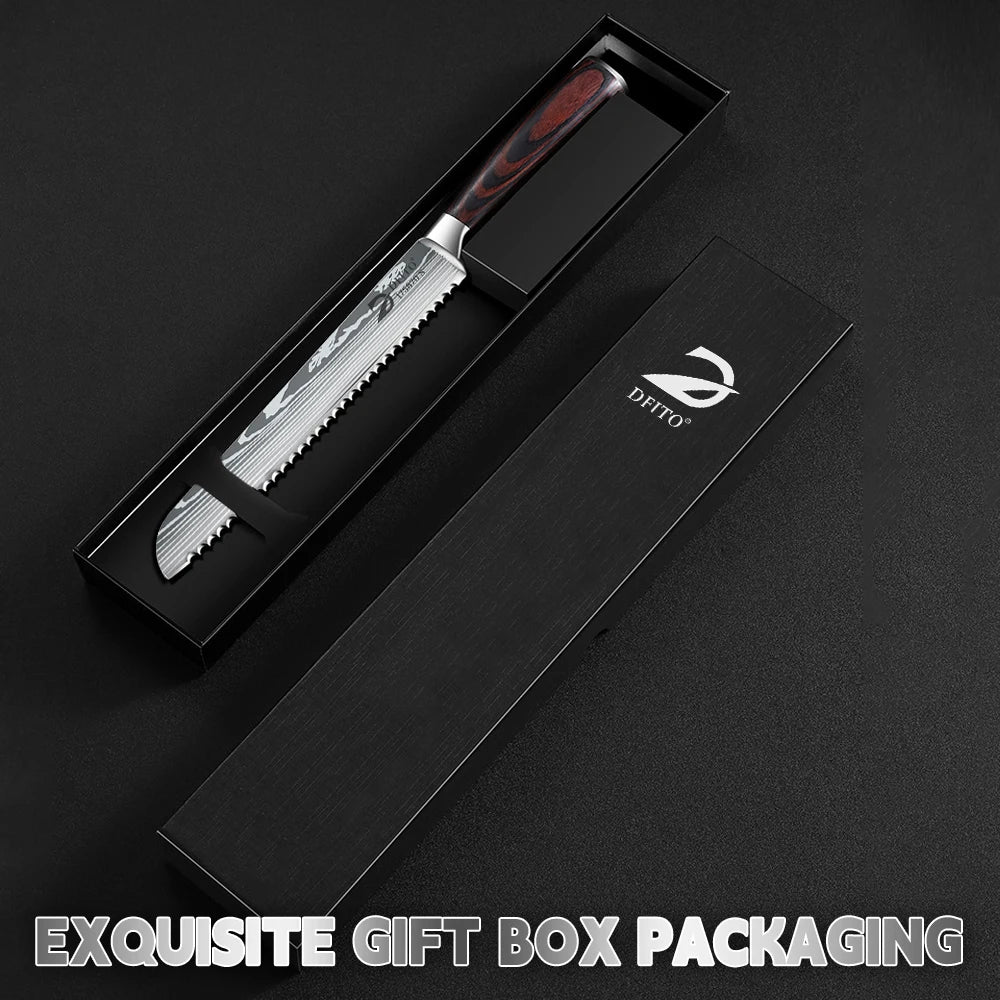 Bread Knife Serrated Design Laser Damascus Wood Handle Slicing Chef Knive