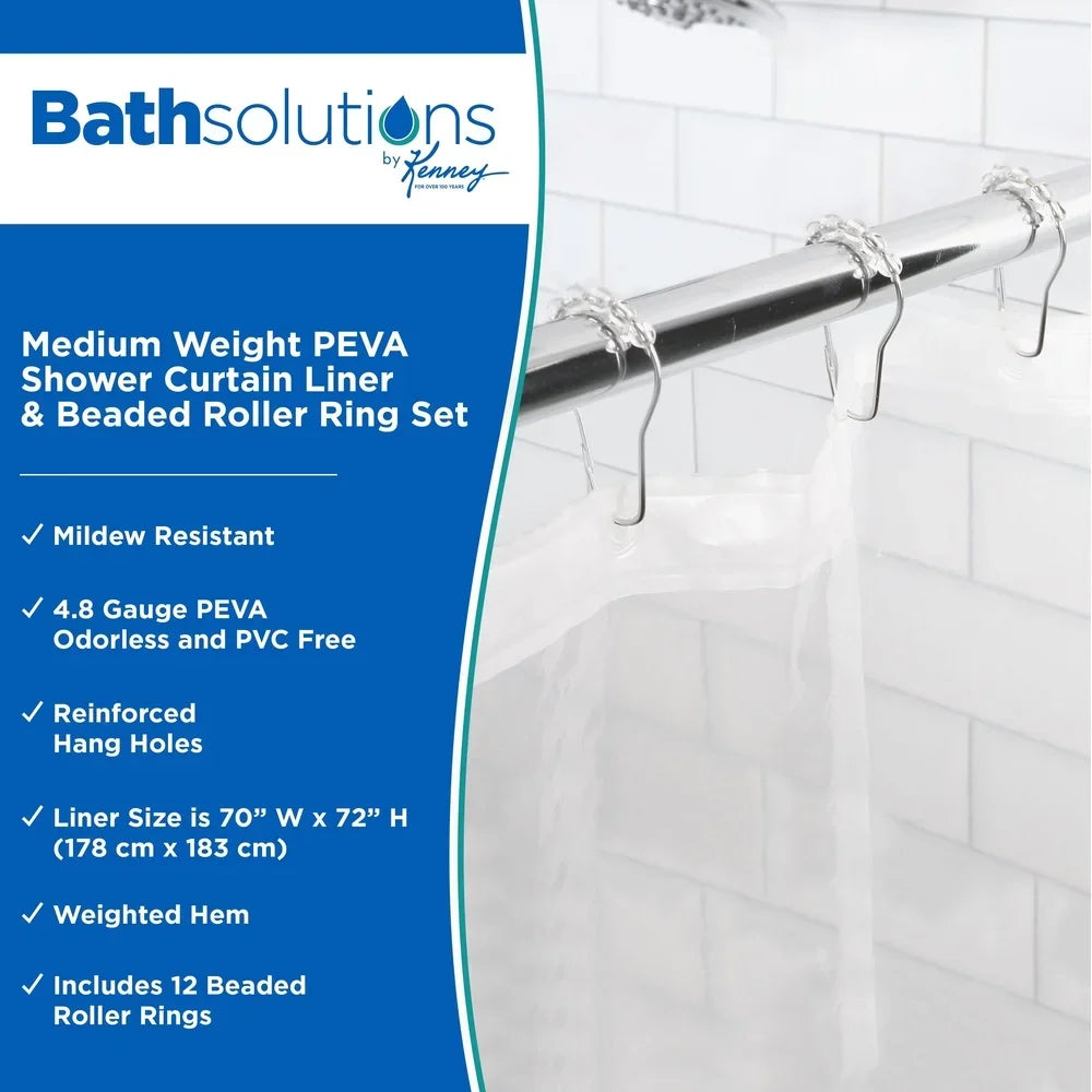 Medium Weight PEVA Shower Curtain 70 x 72 Inch Waterproof Eco-Friendly Odorless Liner with Beaded Roller Rings Standard Size