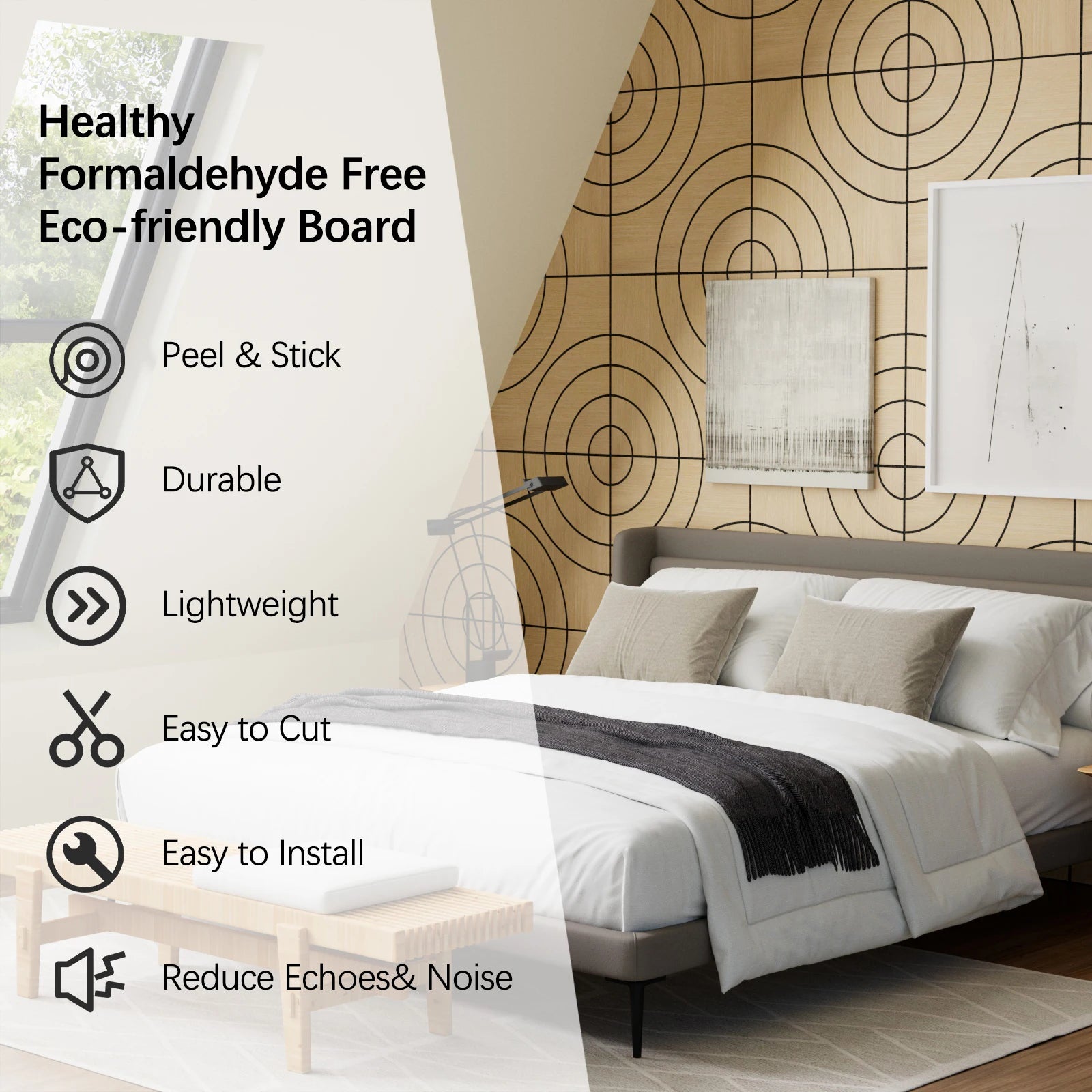 Acoustic Sound Absorbing 3D Wood Slat Self-Adhesive Peel and Stick Wall Panels Set of 4 for Interior Noise Reduction